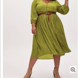 CHARTREUSE SATIN BUTTON TEA LENGTH DRESS